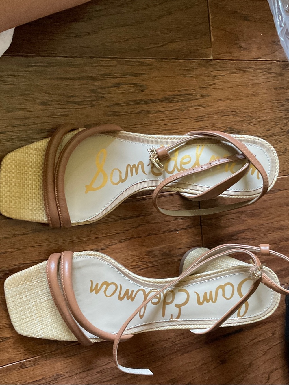 Sam Edelman Brown Leather & Natural Woven Ankle-Tie Sandals